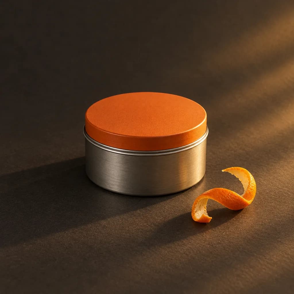Closed body butter tin with an orange lid beside a curl of orange peel