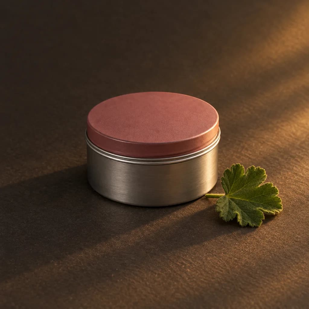 Closed body butter tin with a dusty pink lid beside a geranium leaf
