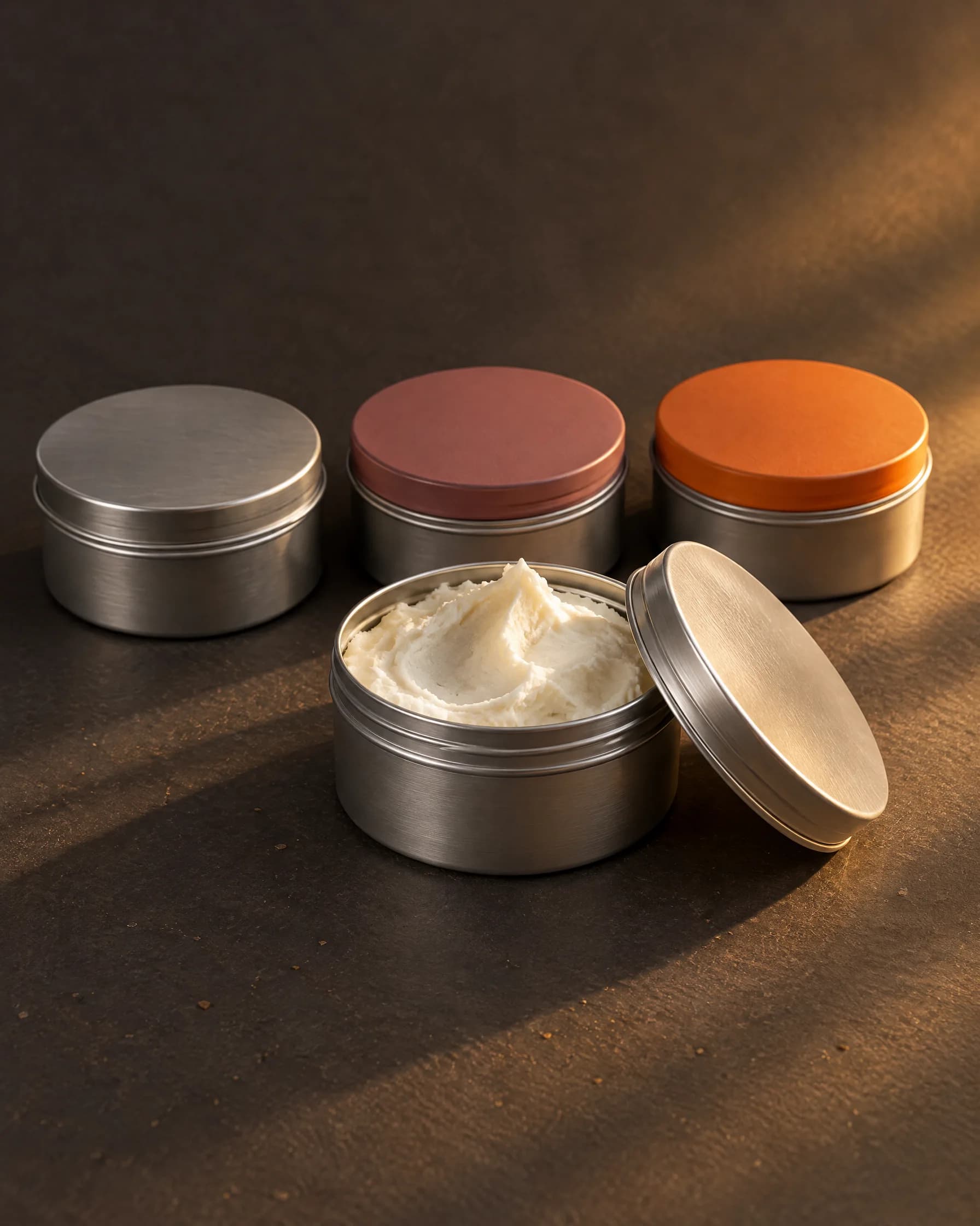 Three body butter tins with silver, pink and orange lids, the front one open
